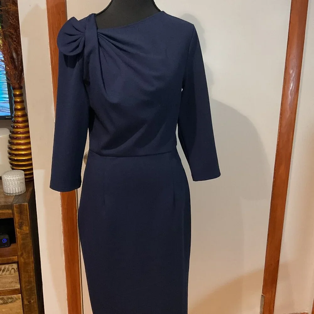 VFSHOW Navy Blue Pleated Asymmetric Bow Neck Pencil Sheath Dress - Picture 2 of 5